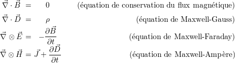 ⃗∇ ⋅ ⃗B = 0 (équation de conservation du flux magn étique)
⃗∇ ⋅ ⃗D = ρ (équation de Maxwell -Gauss )
∂ ⃗B
∇⃗ ⊗ ⃗E = ---- (équation de Maxwell -Faraday )
∂t∂⃗D
⃗∇ ⊗ ⃗H = J⃗+ ---- (équation de Maxwell -Amp ère)
∂t